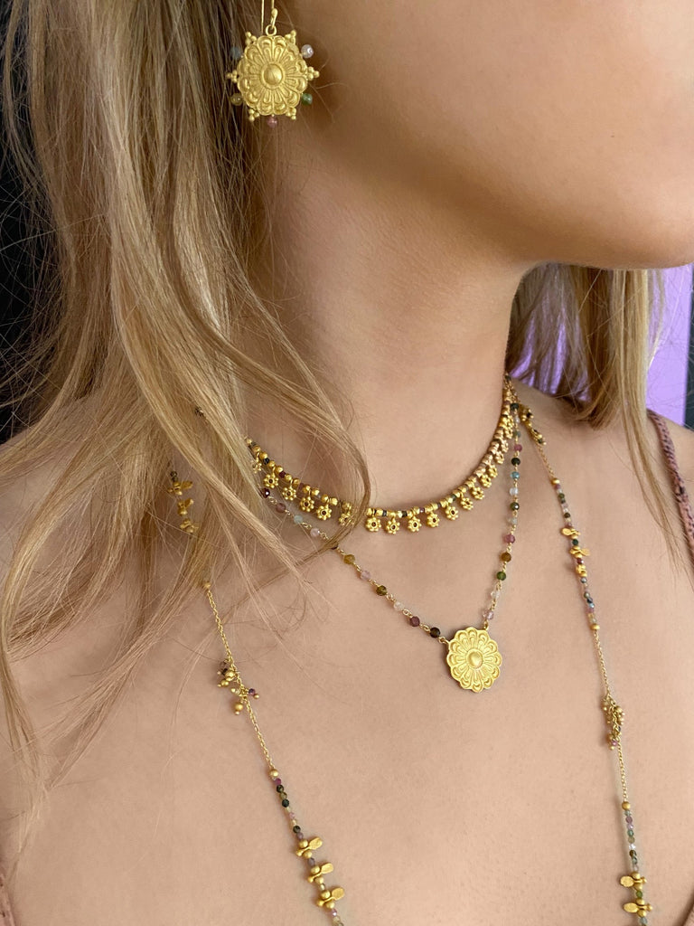 Long multi tourmaline gold charm necklace